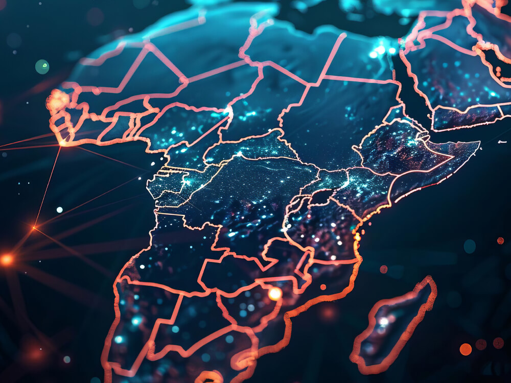 Digital map of Africa with glowing network connections.